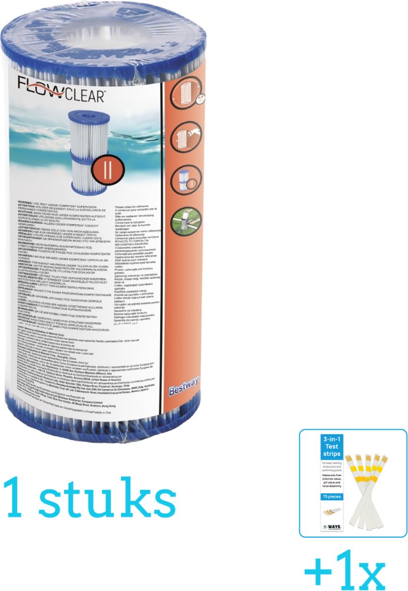 Bestway Flowclear - Filter Cartridge (II) - 1 stuks - Voordeelverpakking - Inclusief WAYS Testrips (1 stuks)