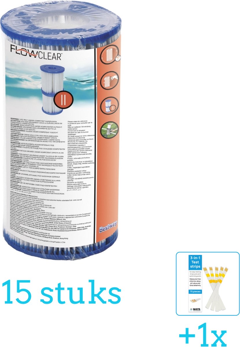 Bestway Flowclear - Filter Cartridge (II) - 15 stuks - Voordeelverpakking - Inclusief WAYS Testrips (1 stuks) - Type 2 - Type II filter - Geschikt voor 58383 - 58386 Pomp