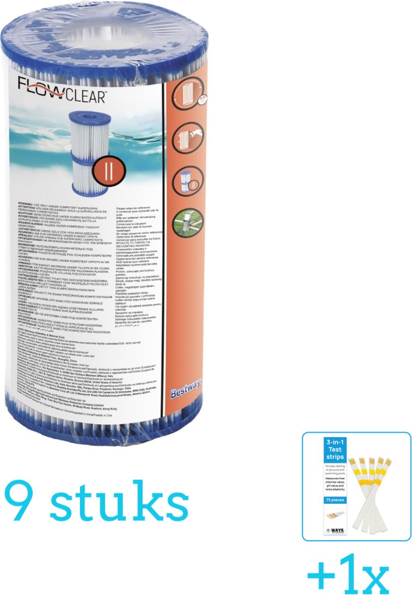 Bestway Flowclear - Filter Cartridge (II) - 9 stuks - Voordeelverpakking - Inclusief WAYS Testrips (1 stuks) - Type 2 - Type II filter - Geschikt voor 58383 - 58386 Pomp