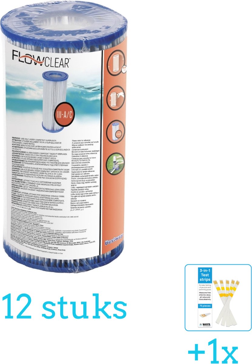 Bestway Flowclear - Filter Cartridge (III) - 12 stuks - Voordeelverpakking - Inclusief WAYS Testrips (1 stuks) - Type 3 - Type III filter - Geschikt voor 58389 Pomp