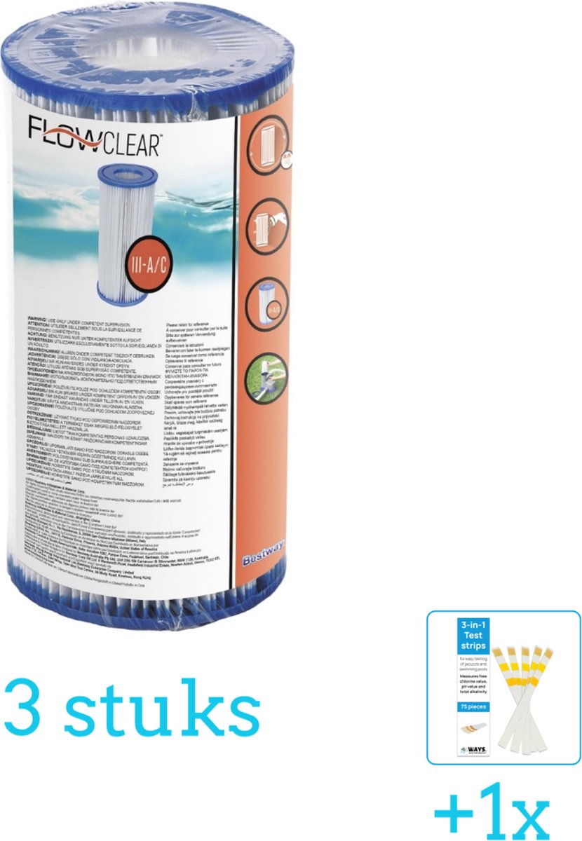 Bestway Flowclear - Filter Cartridge (III) - 3 stuks - Voordeelverpakking - Inclusief WAYS Testrips (1 stuks) - Type 3 - Type III filter - Geschikt voor 58389 Pomp