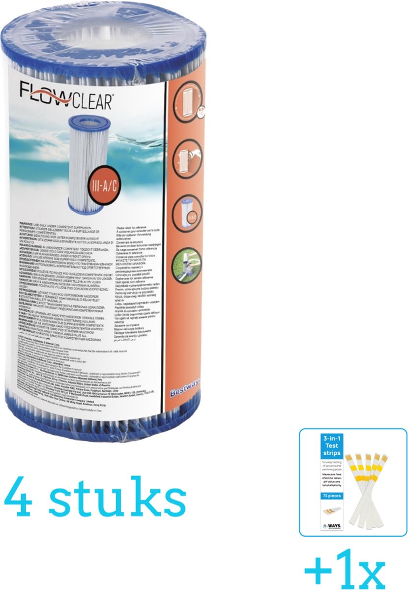 Bestway Flowclear - Filter Cartridge (III) - 4 stuks - Voordeelverpakking - Inclusief WAYS Testrips (1 stuks) - Type 3 - Type III filter - Geschikt voor 58389 Pomp