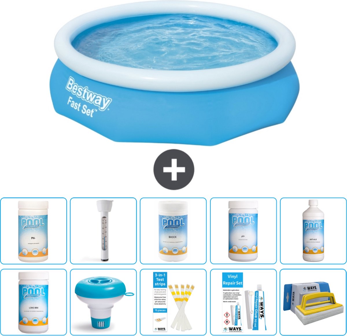 Bestway Rond Opblaasbaar Fast Set Zwembad - 305 x 76 cm - Blauw - Inclusief Chloor - Chloordrijver - Testrips - Reparatiesetje - Scrubborstel - PH-min - PH-plus - Thermometer - Algen - Chloor