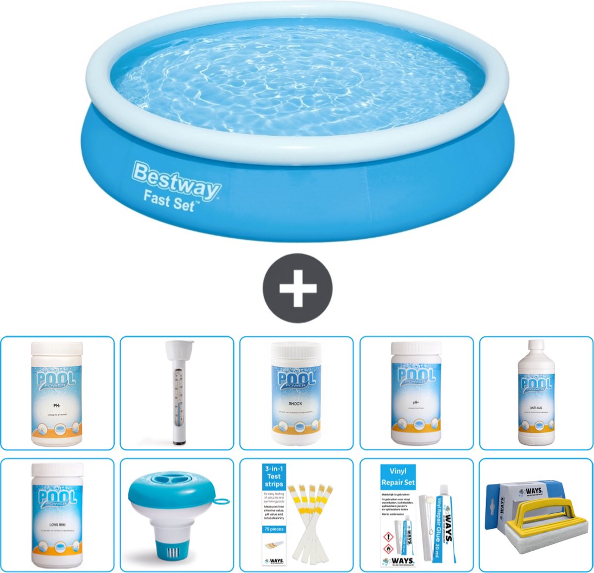 Bestway Rond Opblaasbaar Fast Set Zwembad - 366 x 76 cm - Blauw - Inclusief Chloor - Chloordrijver - Testrips - Reparatiesetje - Scrubborstel - PH-min - PH-plus - Thermometer - Algen - Chloor