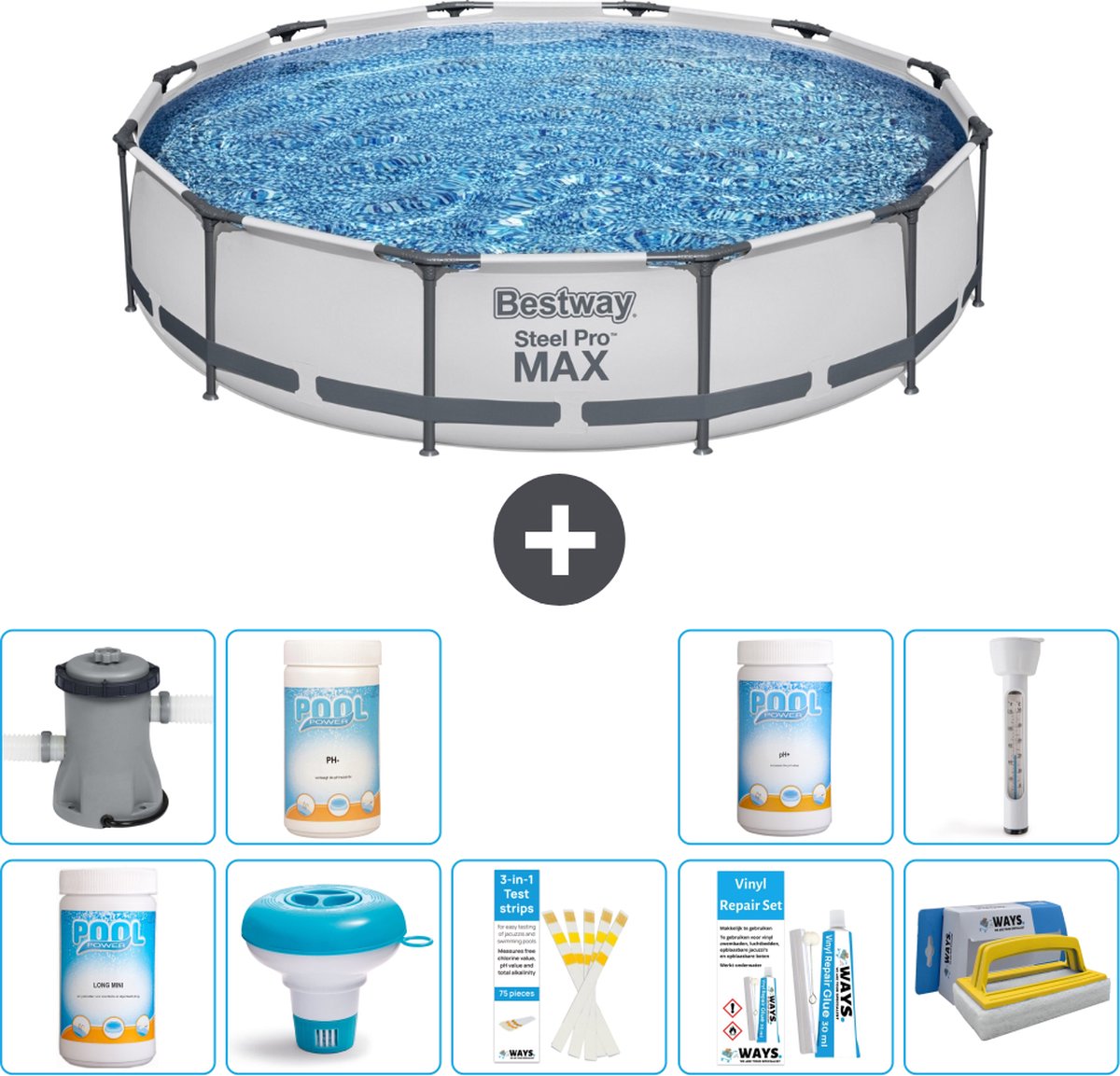 Bestway Rond Steel Pro MAX Zwembad - 366 x 76 cm - Grijs - Inclusief Pomp Chloor - Chloordrijver - Testrips - Reparatiesetje - Scrubborstel - PH-min - PH-plus - Thermometer