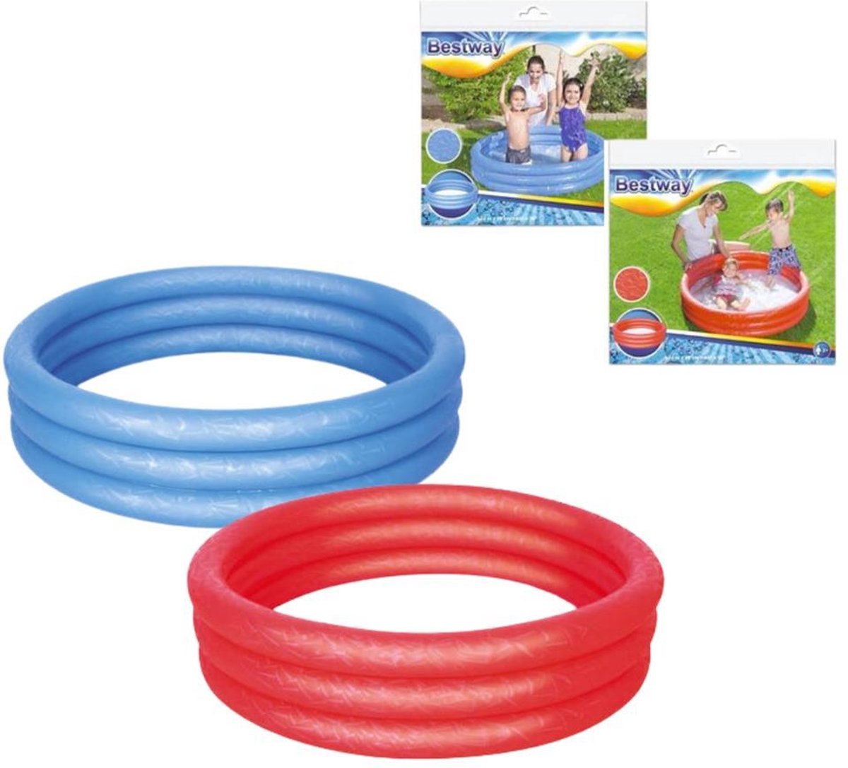 Bestway opblaasbaar kinder zwembad 122 cm doorsnede - 3 rings in de kleur rood of blauw