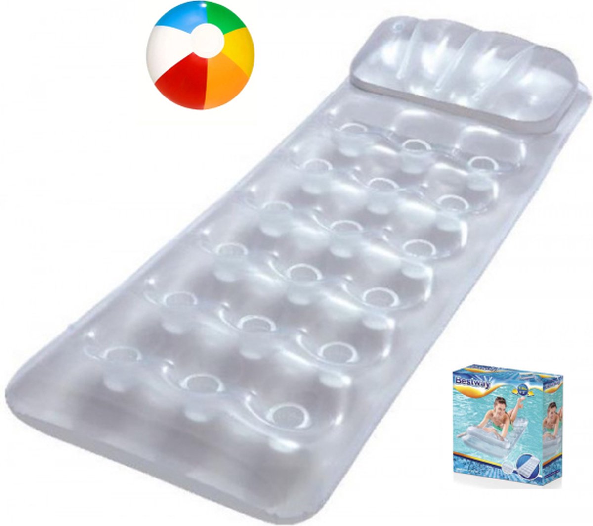 Zilverkleurig Luchtbed - 188 x 71 cm + Strandbal - LoungeStoel Zwembad Ligbed Luchtbed - Floating Bed - Beach Float - Float LoungeStoel - Drijvende Water Ligstoel - Opblaasbaar