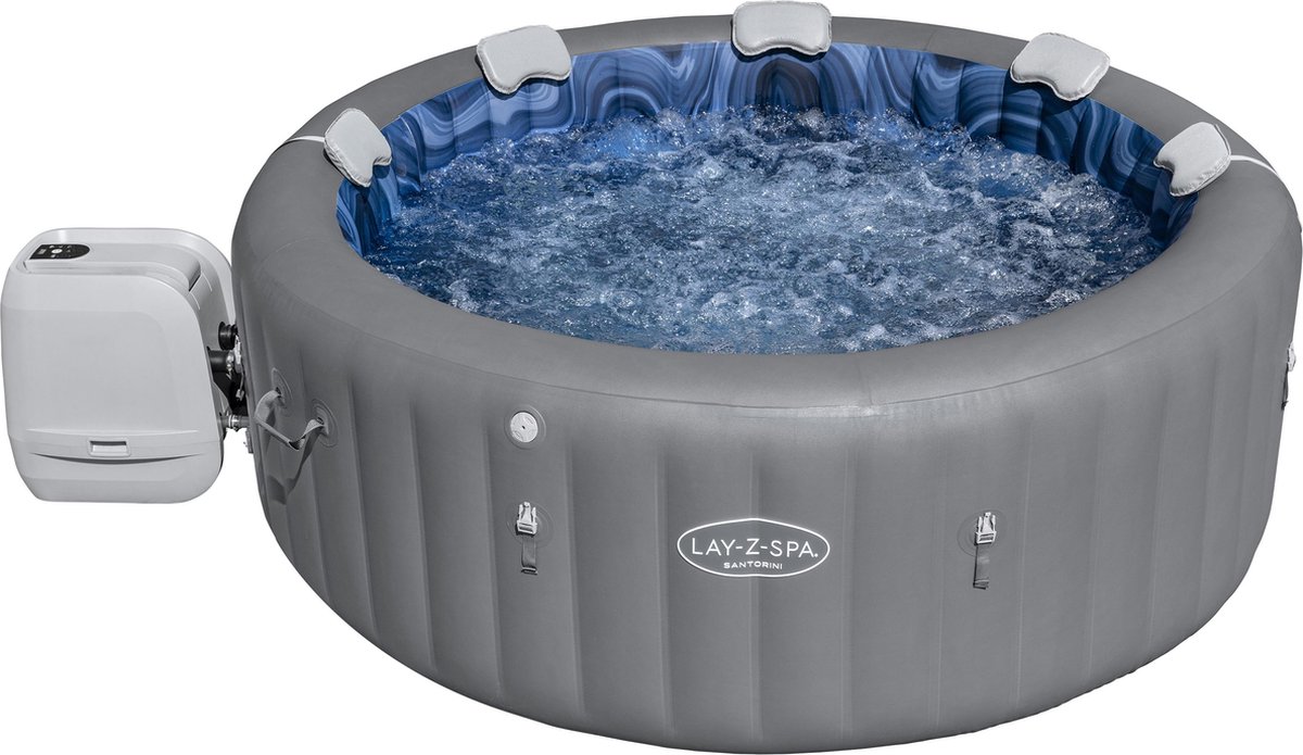 Lay-Z-Spa Hydrojet Santorini - model 2025 met Maxhold EnergySense Ultra Fit Smart - tot 7 personen - 216x80cm - 40% minder energieverbruik - Geschikt voor 5-7 personen - Afmetingen buitenkant: Ø216 cm x H80 cm