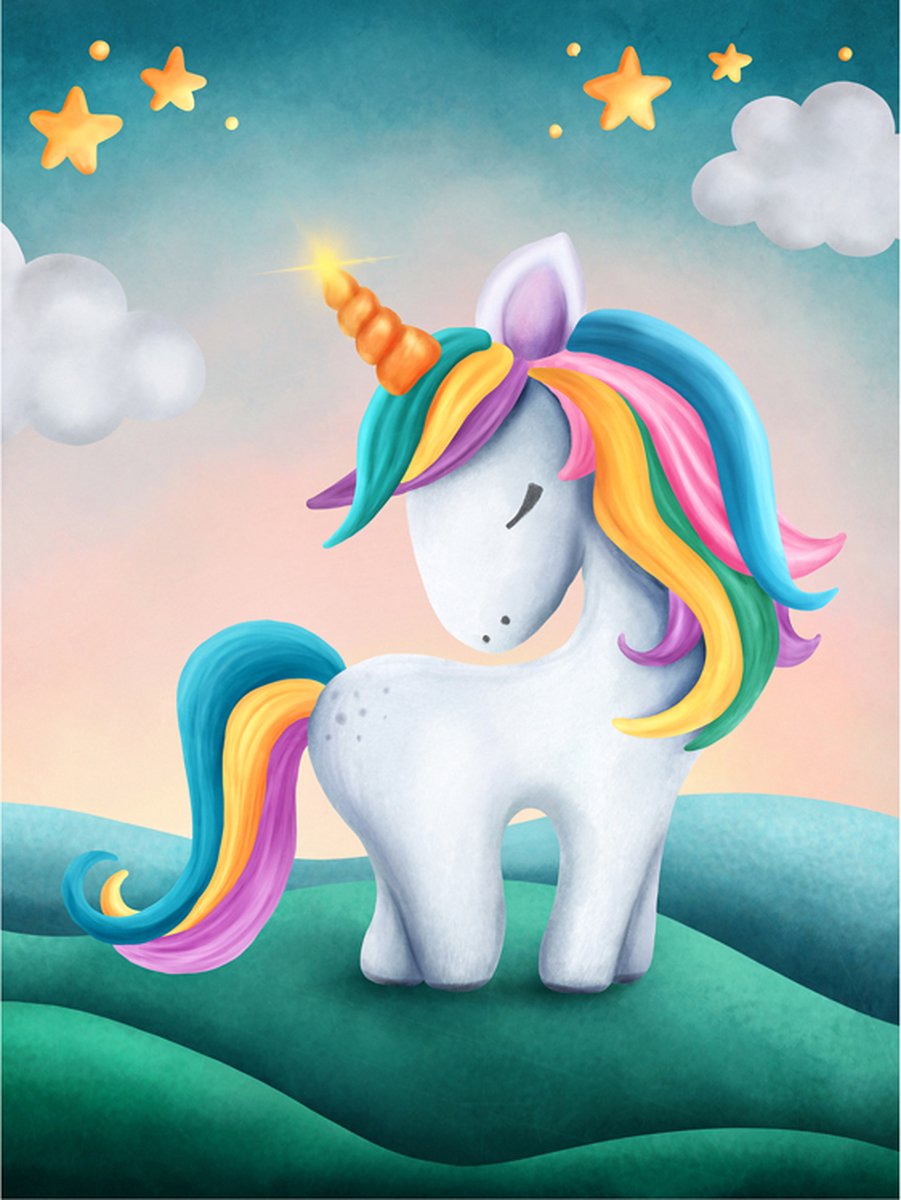 Diamond Painting Knutselset Kind 6+ - Eenhoorn / Unicorn Cartoon - Kaart - incl. Pen - 15x20cm