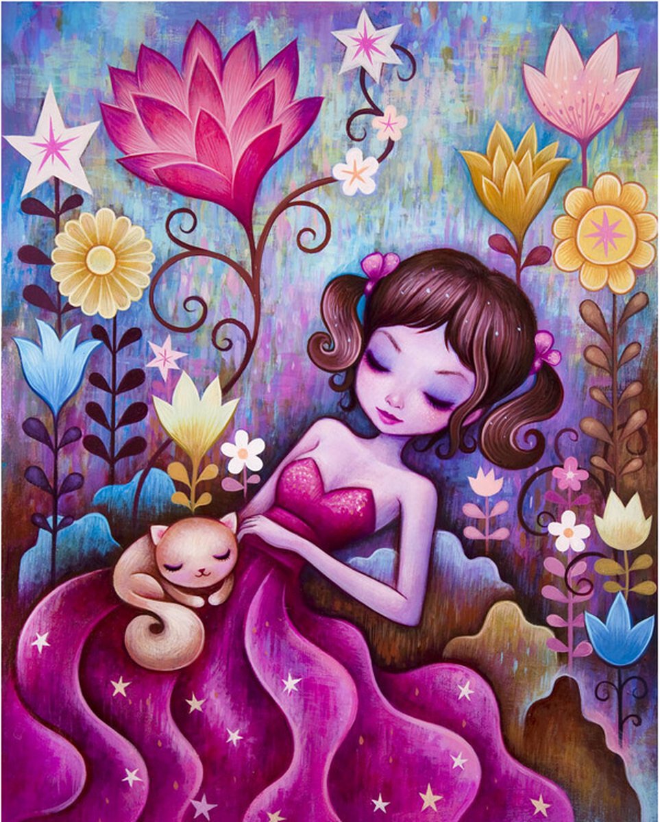 Diamond Painting Set - Jonge Vrouw in Jurk Tussen Bloemen & Slapend Poesje - incl. Pen & Wax - 40x50cm