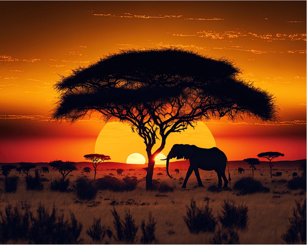 Diamond Painting Set - Savanne Sunset Boom Olifant - incl. Pen & Wax - 40x50cm