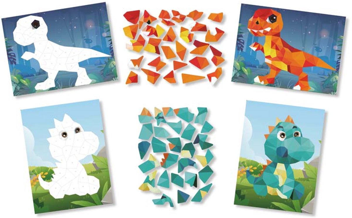 Knutselset - Dinosaurussen - 2 Kaarten - Stickers Plakken op Nummer - Stickermozaiek - A5 Formaat