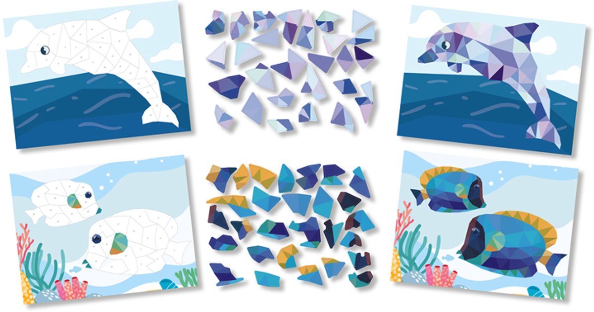 Knutselset - Zeeleven Dolfijn & Vissen - 2 Kaarten - Stickers Plakken op Nummer - Stickermozaiek - A5 Formaat