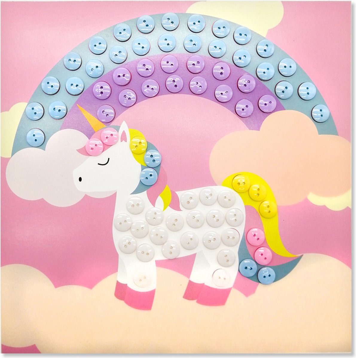 Knutselset Kind 3+ - Eenhoorn Regenboog Wolken Roze - Knopen Plakken 88st - Hobby - 22x22cm