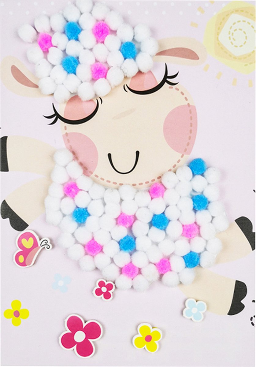 Knutselset Kind 3+ - Schaap Cartoon - Pompoms Vorm Plakken - Hobby - 15x21cm