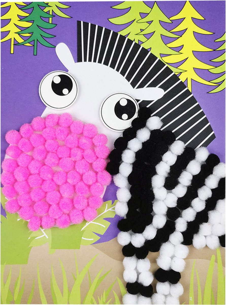 Knutselset Kind 3+ - Zebra Cartoon - Pompoms Vorm Plakken - Hobby - 15x21cm