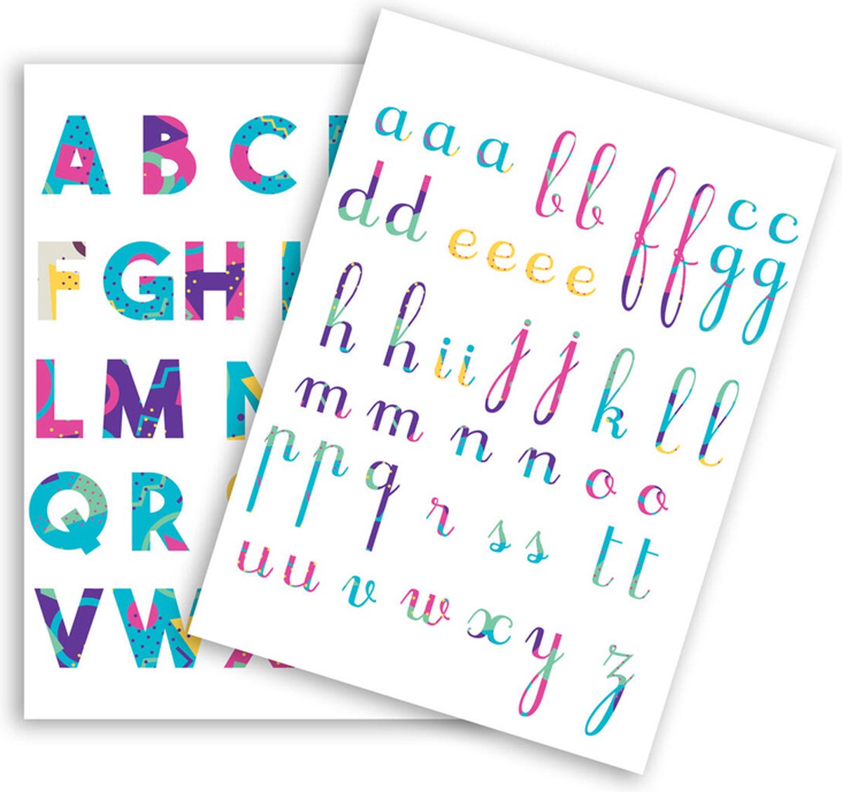 Stickers - Gekleurd Alphabet - Blokletters & Geschreven Letters - Scrapbook Hobby DIY - 2 Stickervellen - 1.5-2.5cm - 73 Stuks