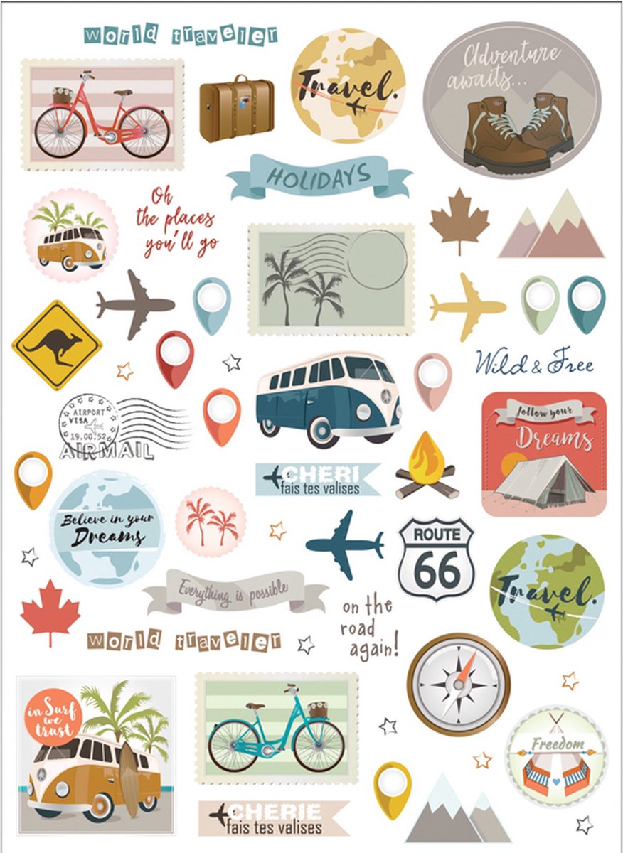 Stickers - World Traveler - Scrapbook Hobby DIY Stickervel - 0.5-4.5cm - 104 Stuks
