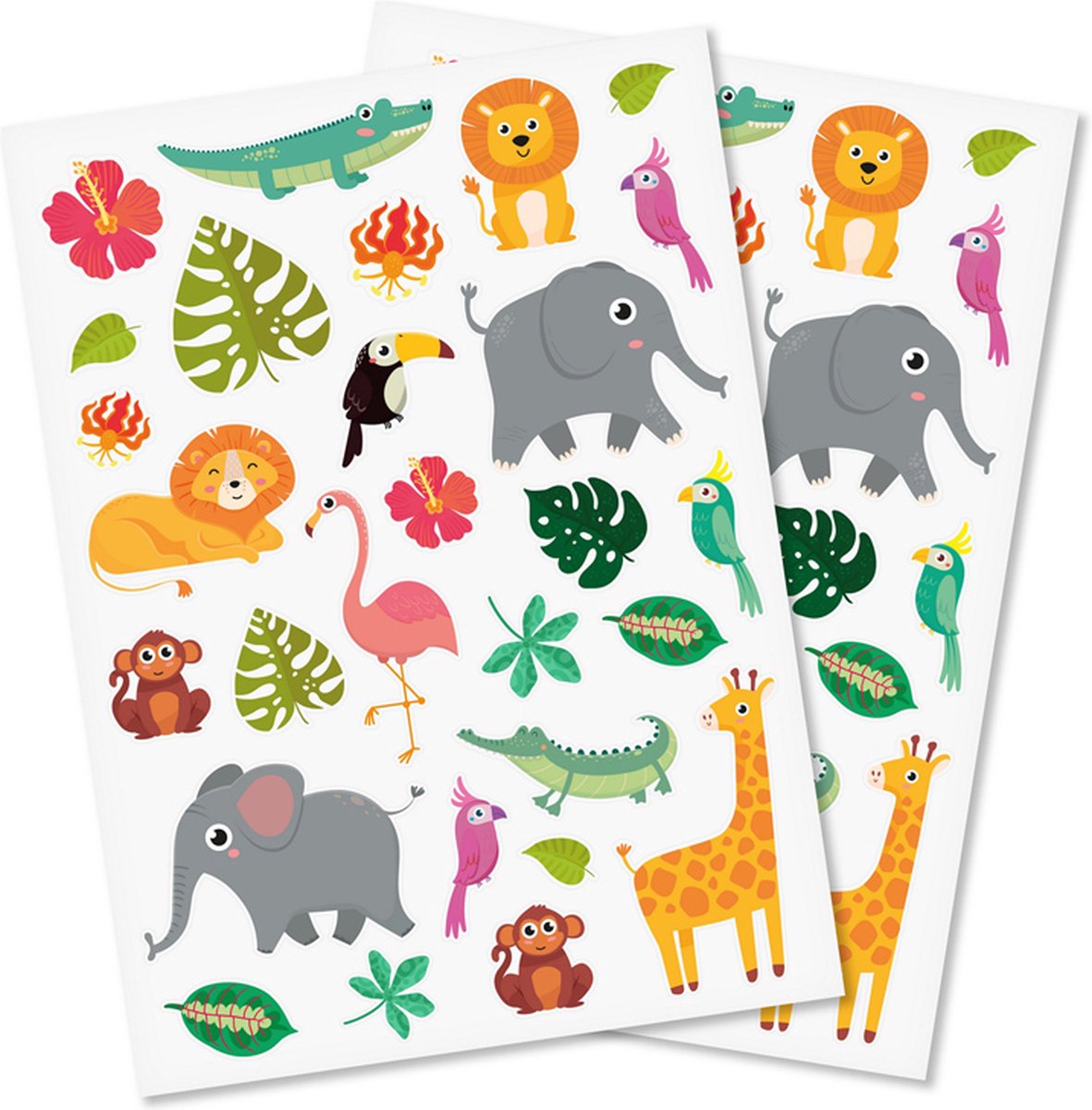 Stickers 2 Vellen - Jungledieren Cartoonstyle - Scrapbook Hobby DIY Stickervellen - 1.7-7.2cm - 56 Stuks