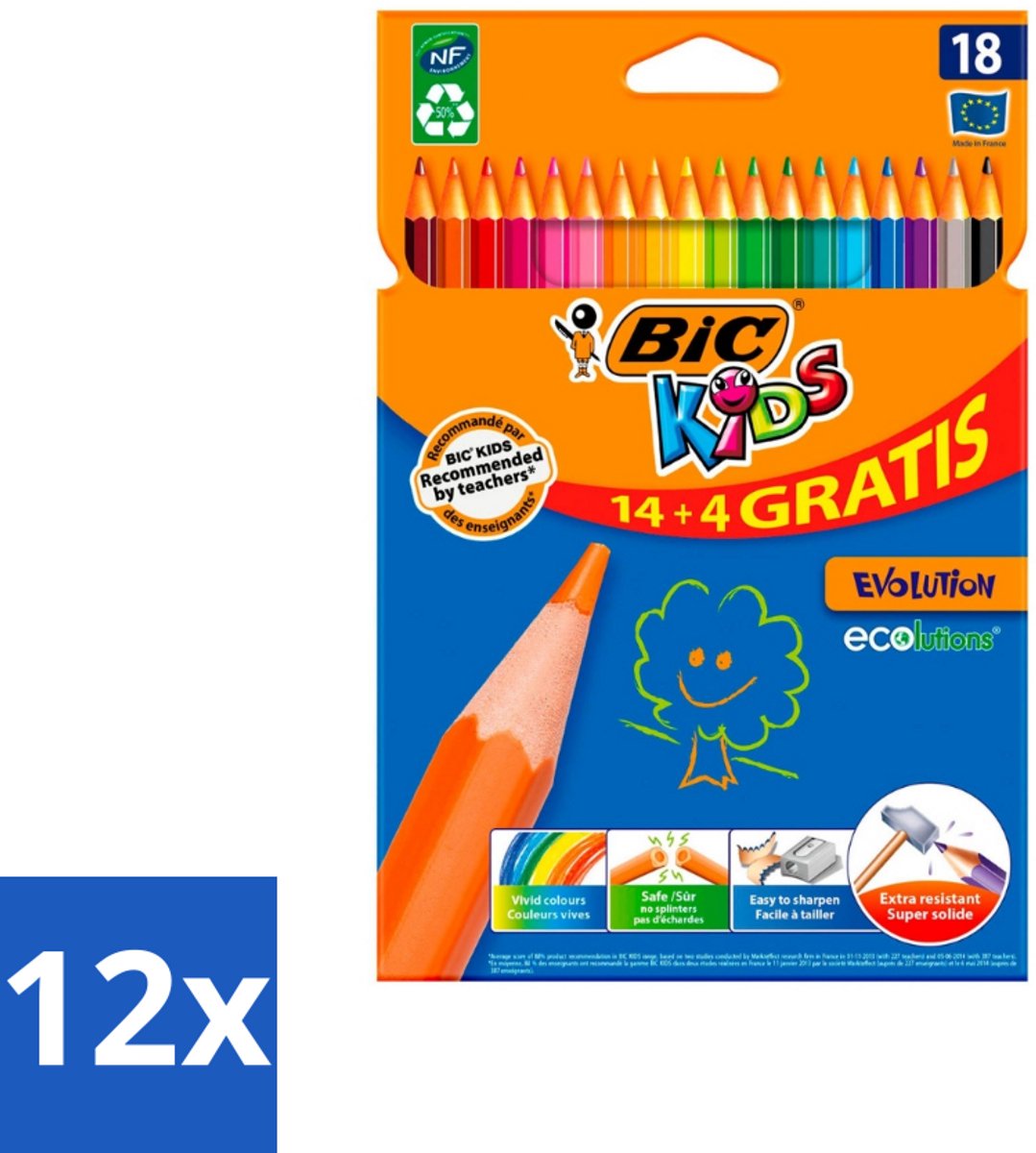 12 x Bic Kids - Kleurpotloden - Diverse Kleuren - Eco - Evolution - 18 Potloden - Kleurpotloden - Kinderpotloden - Kleurpotloden Voor Kinderen - Ecologische Potloden - Duurzame Potloden