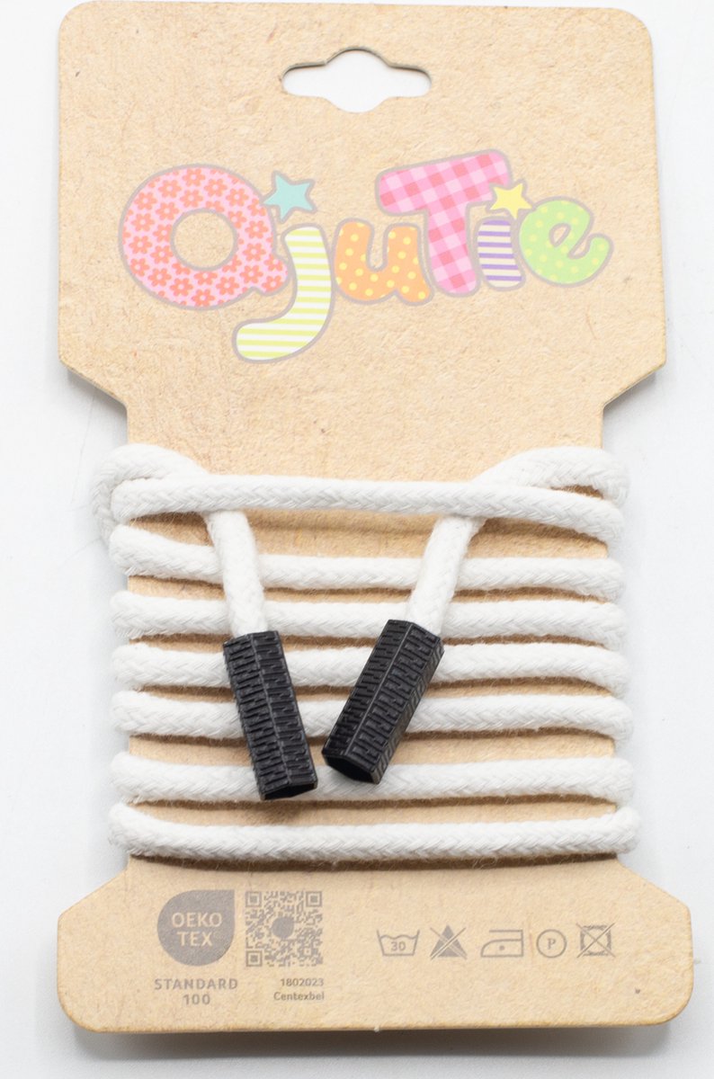 Trekkoord - Hoodiekoord - Hoodiekoord met eindstukken - White - Katoen - 1.15m lang - 100% Katoen - Kunststof eindstukken