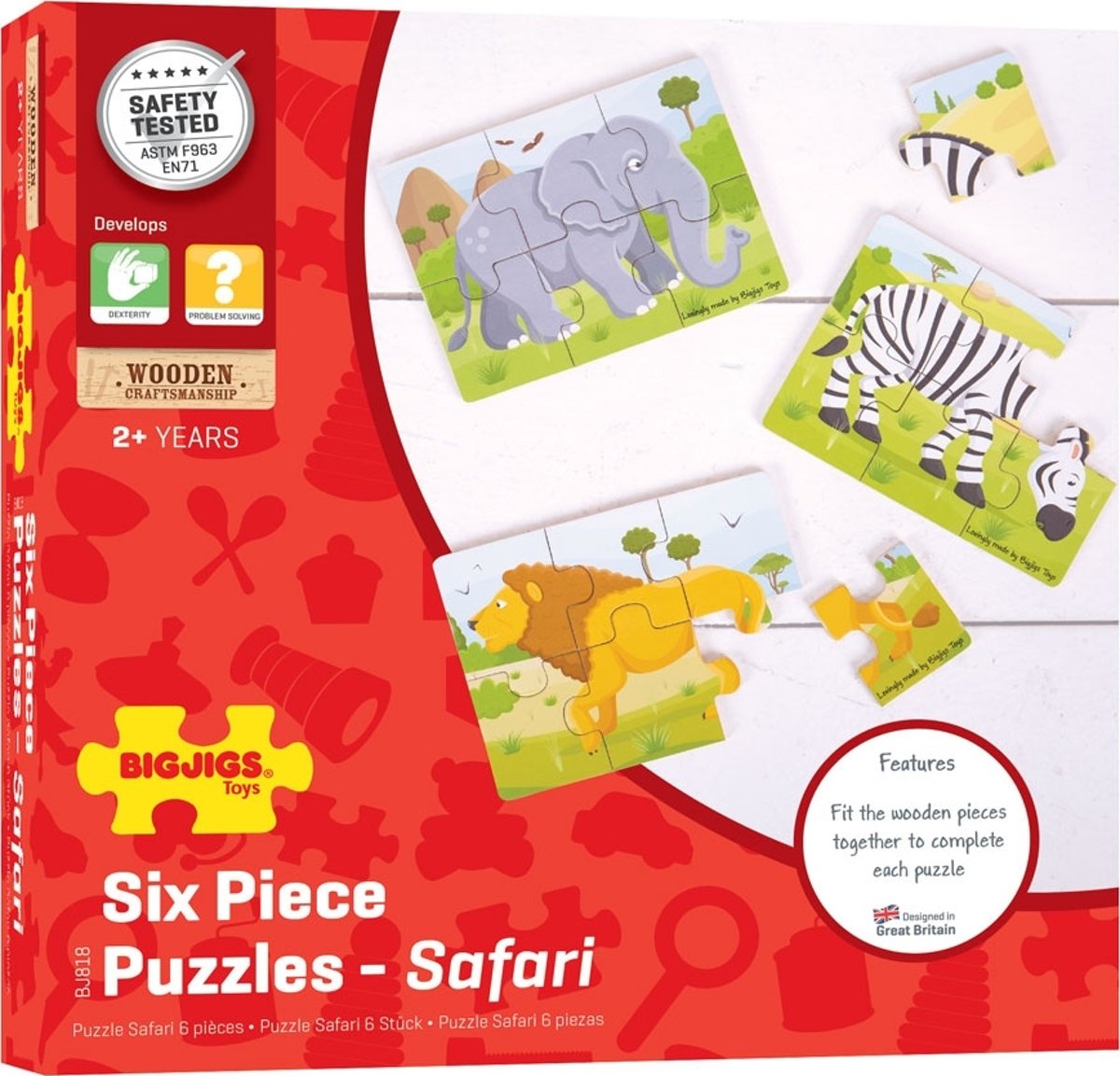 Bigjigs puzzel safari - 3 puzzels met ieder 6 stukjes