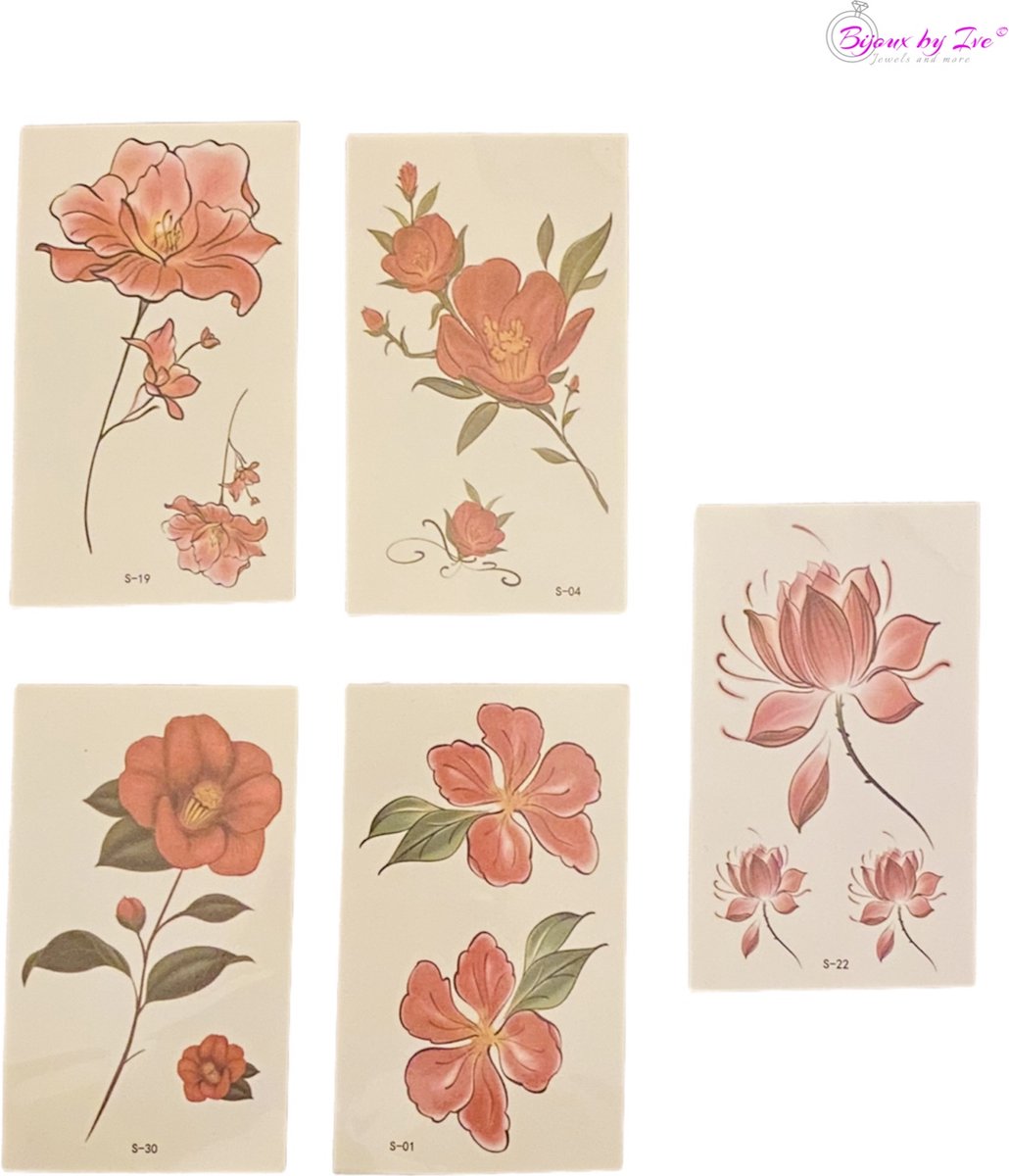 Bijoux by Ive - 5 Water overdraagbare tattoo / tatoeage velletjes - Bloemen - Set 3