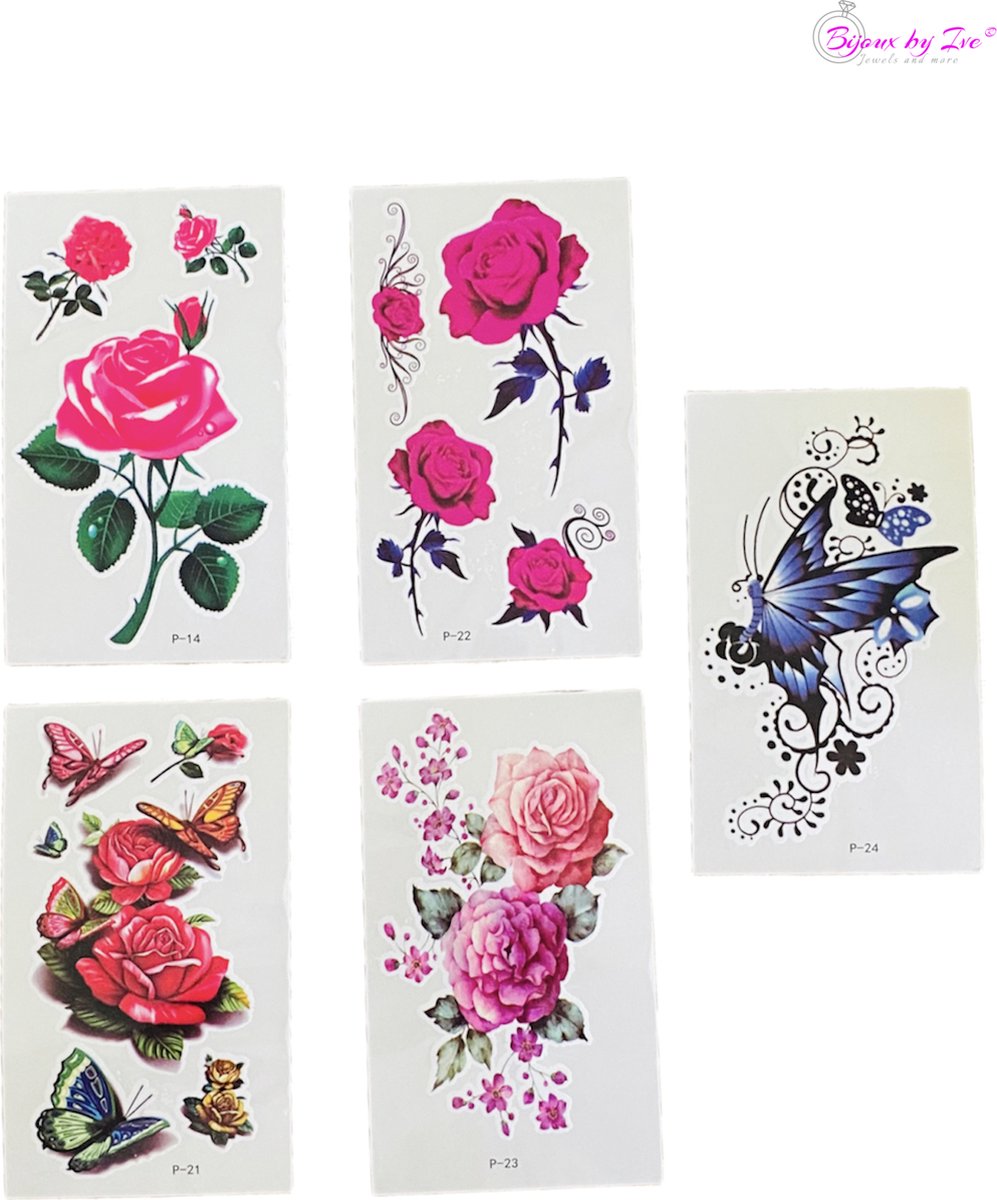 Bijoux by Ive - 5 Water overdraagbare tattoo / tatoeage velletjes - Bloemen en Vlinders  - Set 10