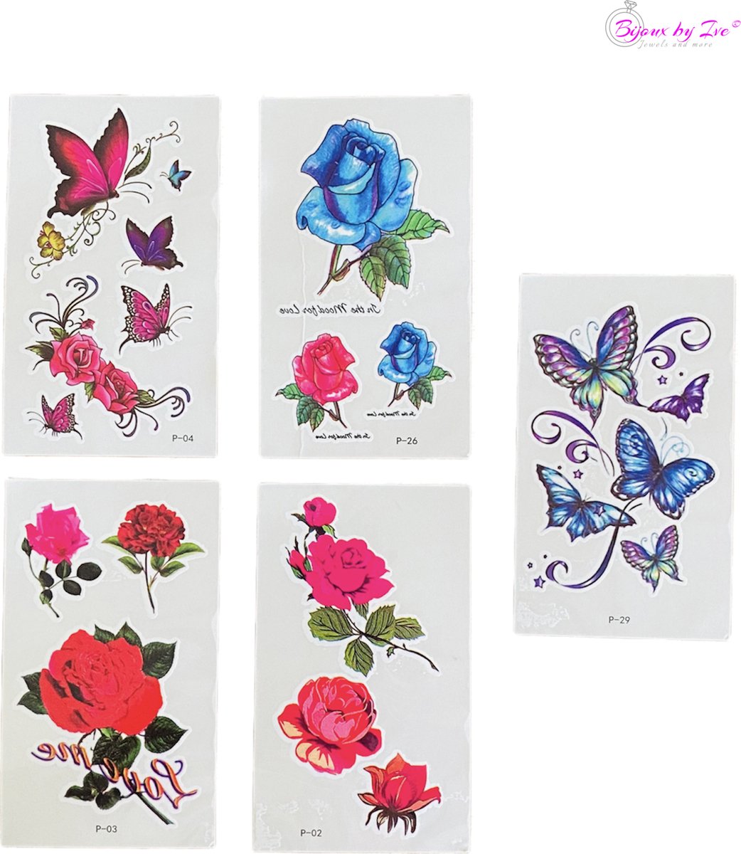 Bijoux by Ive - 5 Water overdraagbare tattoo / tatoeage velletjes - Bloemen en vlinders - Set 6