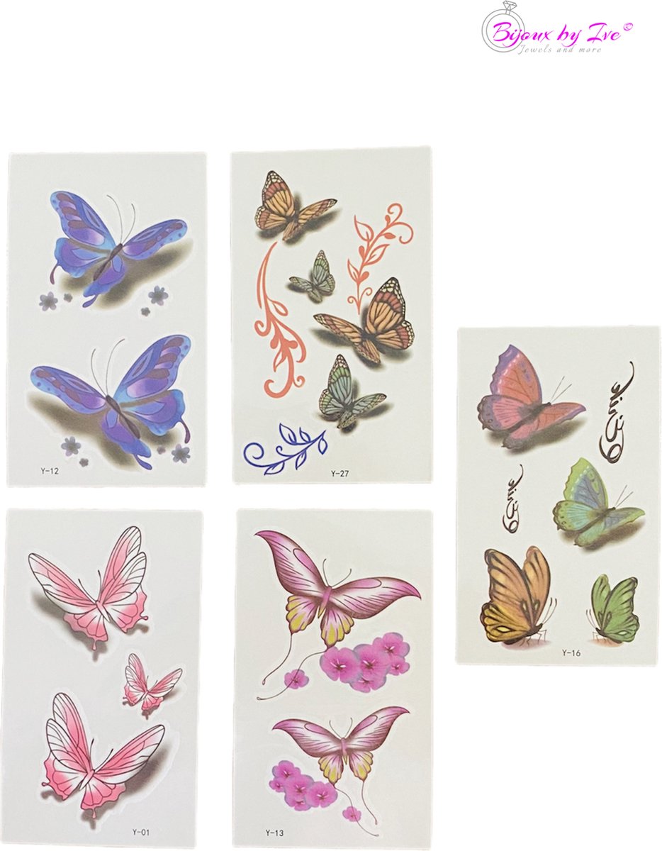 Bijoux by Ive - 5 Water overdraagbare tattoo / tatoeage velletjes - Kleurrijke Vlinders - Set 15