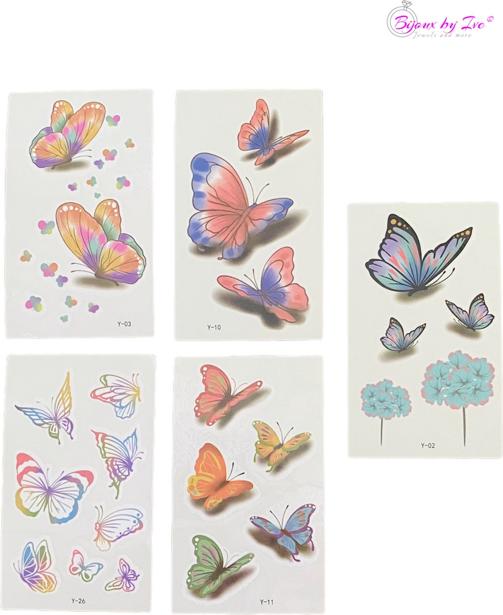 Bijoux by Ive - 5 Water overdraagbare tattoo / tatoeage velletjes - Kleurrijke Vlinders en 2 bloemen - Set 16