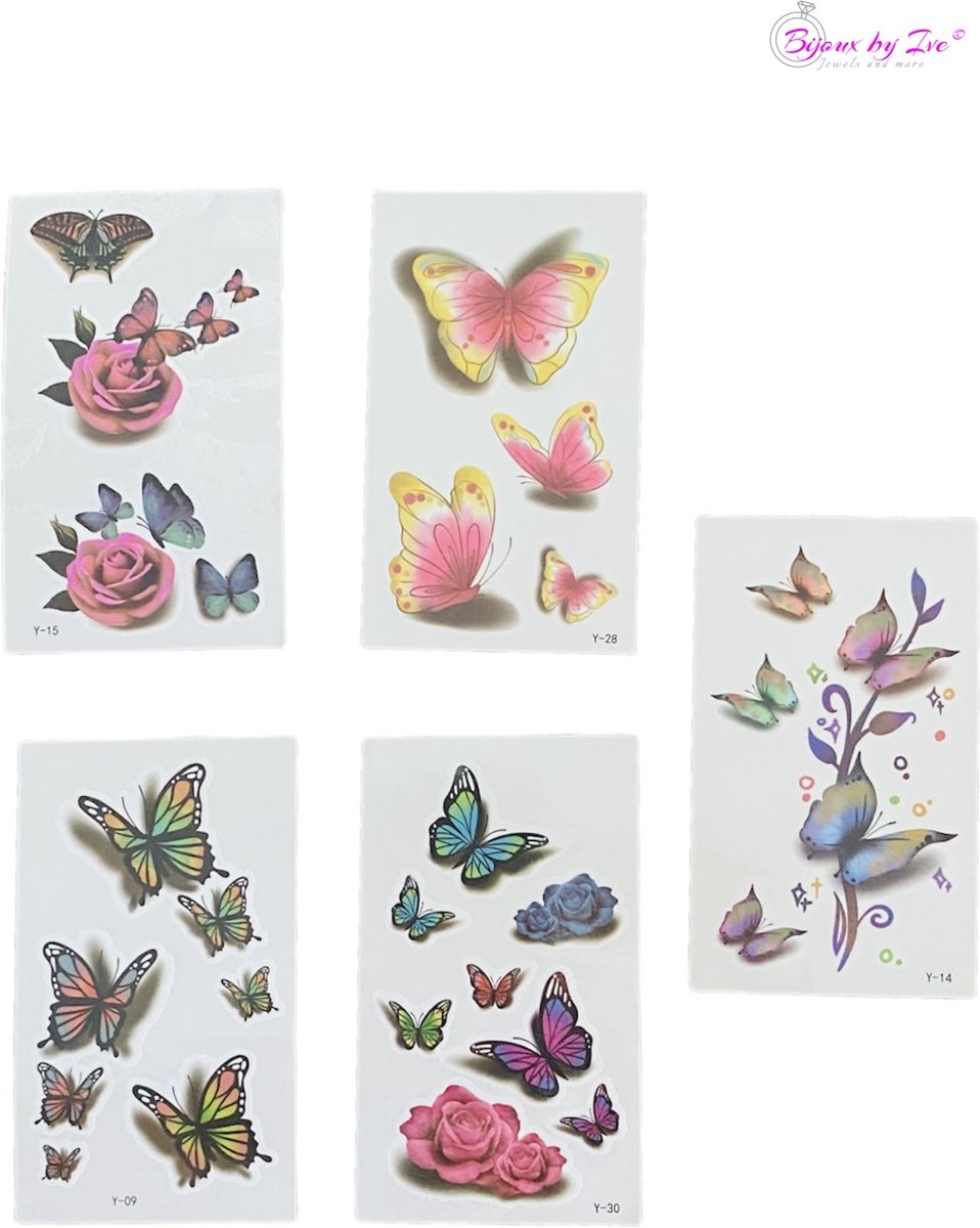 Bijoux by Ive - 5 Water overdraagbare tattoo / tatoeage velletjes - Kleurrijke bloemen en Vlinders - Set 14