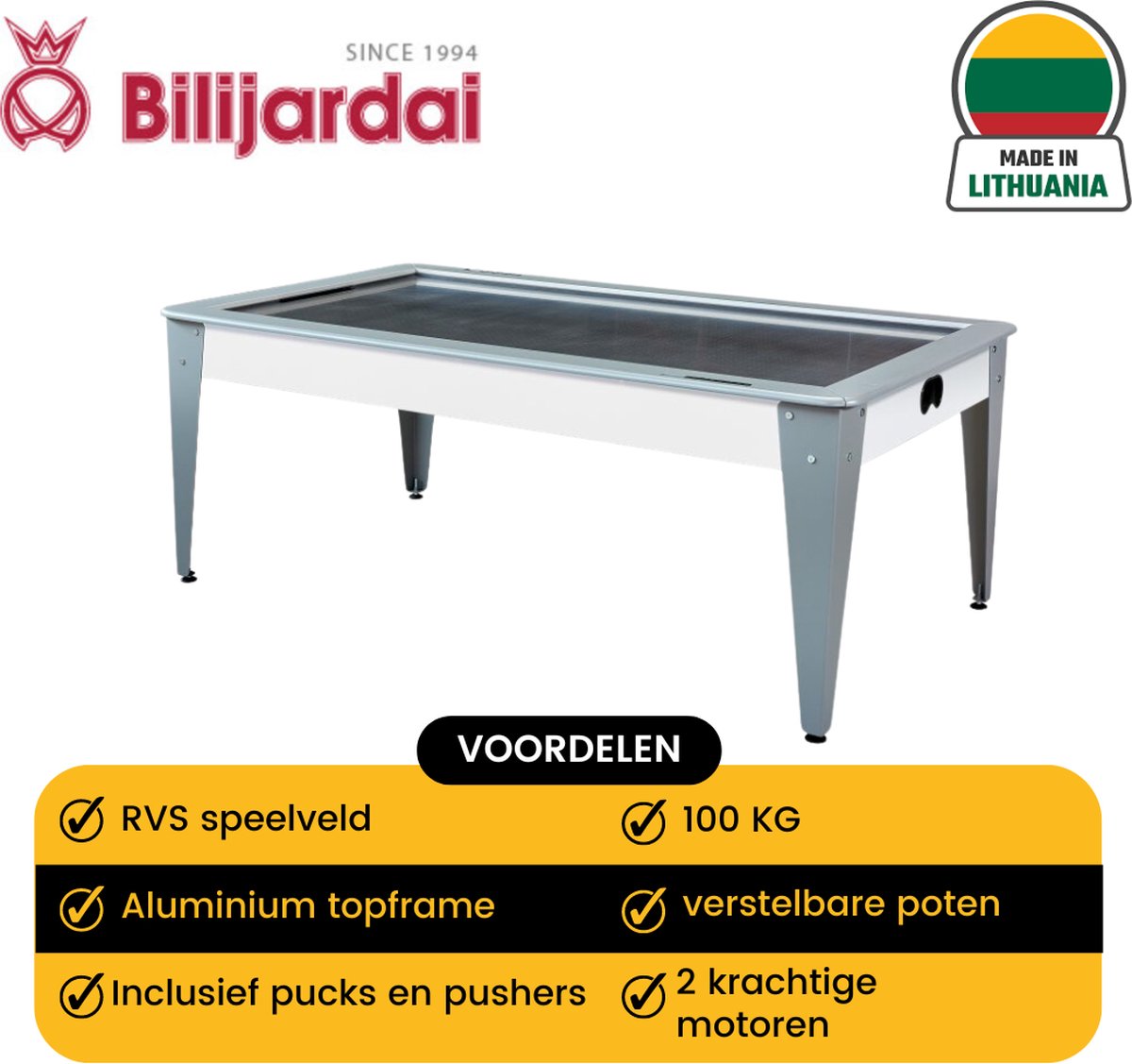 Bilijardai Dino Airhockey 7ft wit-thuis-kantoor-school-airhockeytafel gemaakt van RVS-2 motoren-extra sterk-209x119cmx70 cm-100 kg-stelvoeten- 2 airhockey pucks-2 airhockey pushers