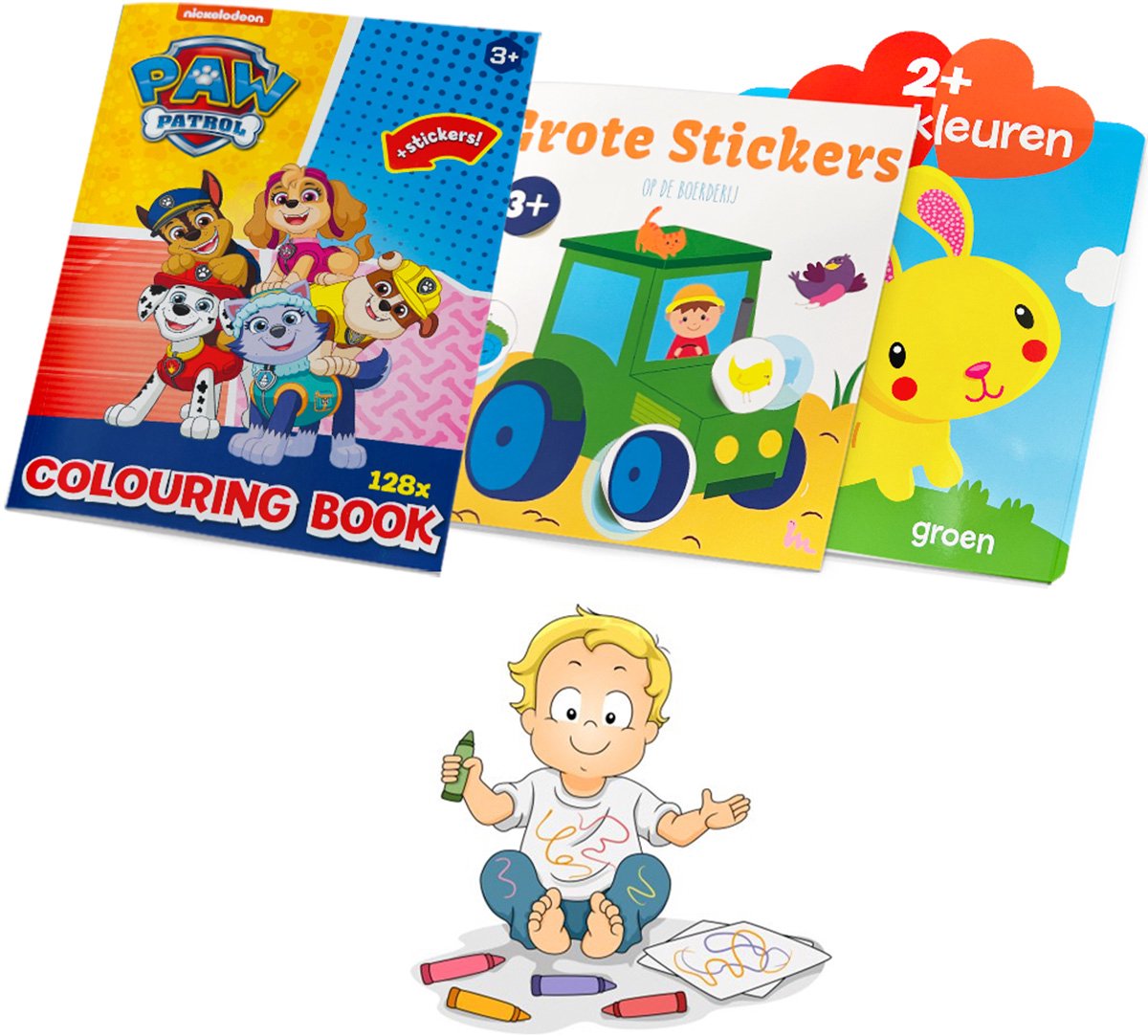 3 kleurboeken / stickerboeken voordeelpakket - Voor kinderen van 2 jaar en 3 jaar - Eerste kleurboek voor peuters met extra grote stickers - Paw Patrol, Boerderij en dieren - Kleuren leren - Cadeau jongen / meisje - Tekenen - Doeboeken