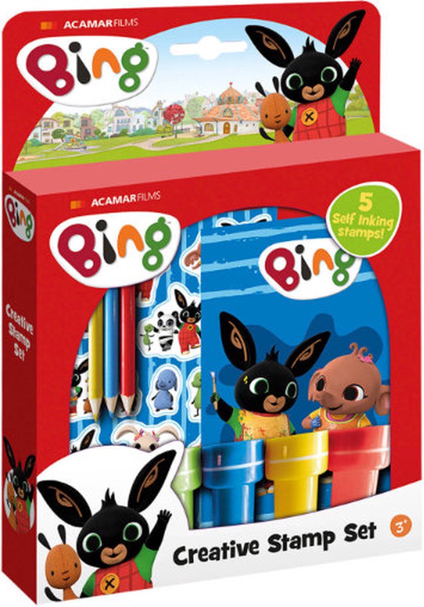 Bing Stempelset - Creatief Stempelen - Creative Stamp Set - Stampset - Creatief Speelgoed - Zelfinktende Stempels - Knutselen met Bing - Verjaardagcadeau - Stickervel - Tekenblok - Kleurpotloden - Bing en Vriendjes - Flop - Sula - Pando