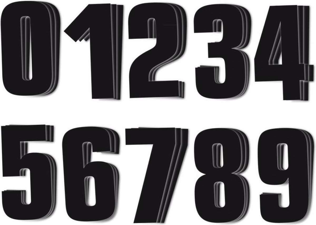 30 sticker racenummer zelfklevend van 0 tot 9 zwart 16x7.5cm voor motorcross