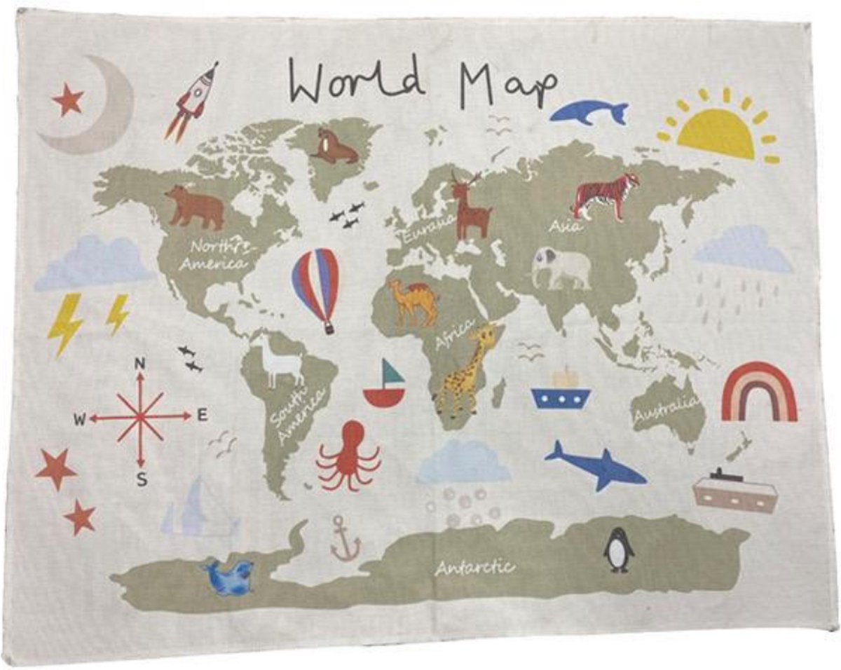 wereldkaart - textielposter - wanddoek - wandkleed - wereldkaart kinderen - poster kinderkamer - kinderkamer accessoires - wanddecoratie kinderen -  