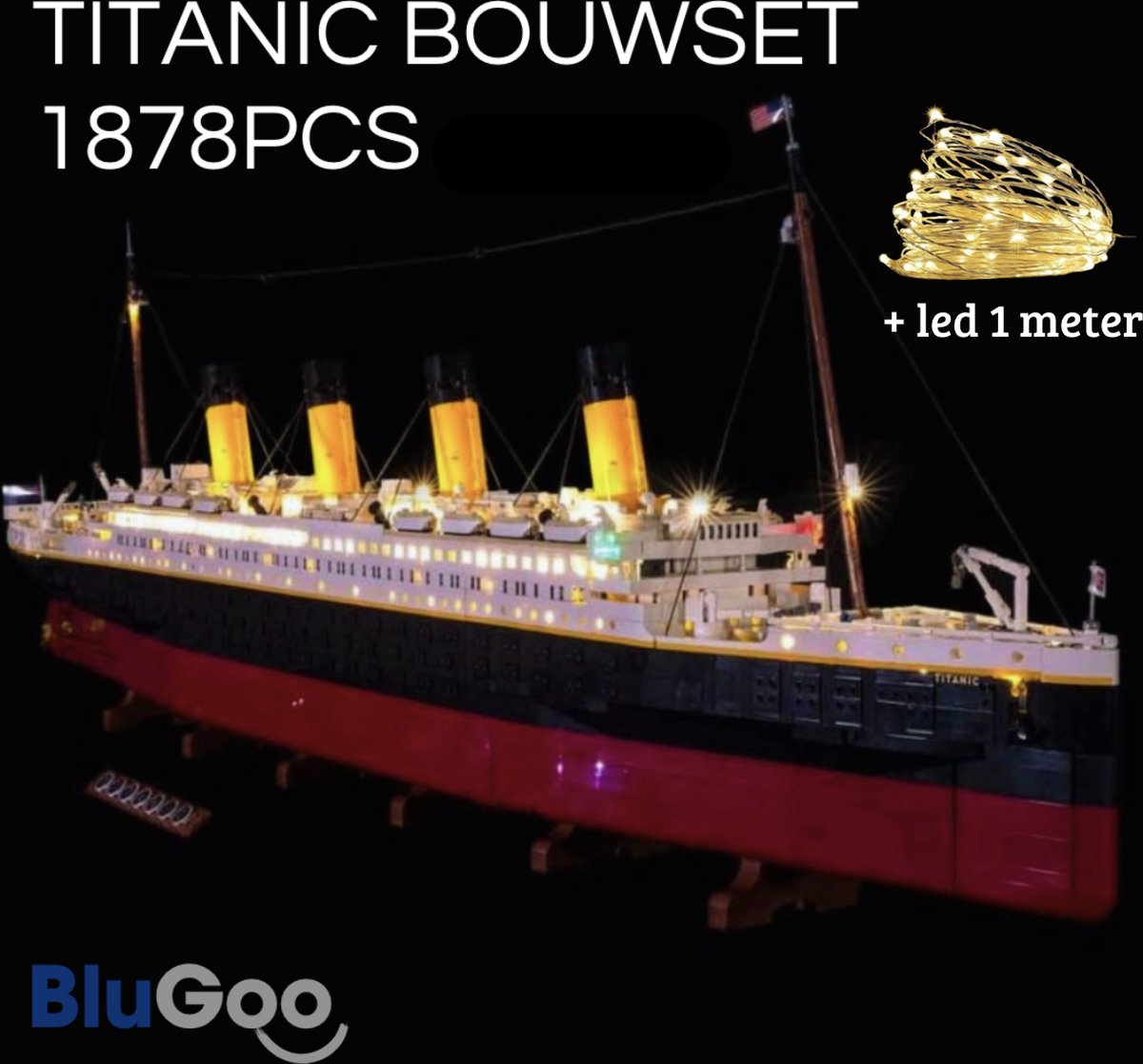 BluGoo - Bouw je Eigen Titanic - 1878 Stuks blokjes incl. 1 Meter LED Verlicht - 3D Model Puzzel voor Kinderen en Volwassenen - Perfecte Cadeau - Speelgoed BluGoo Stijl Puzzel Blokjes - Ook als decoratie te gebruiken