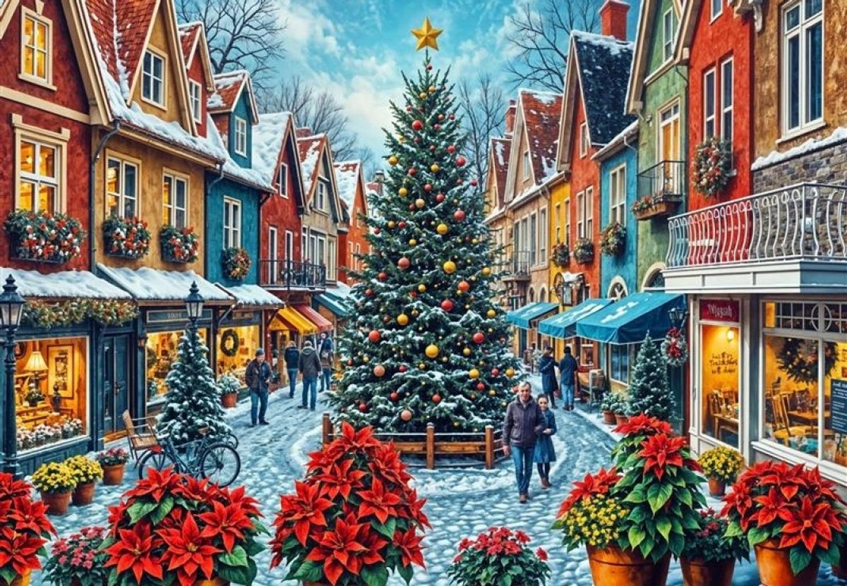 Bluebird Puzzle kerst puzzel Christmas Town Square Shopping 1000 stukjes.