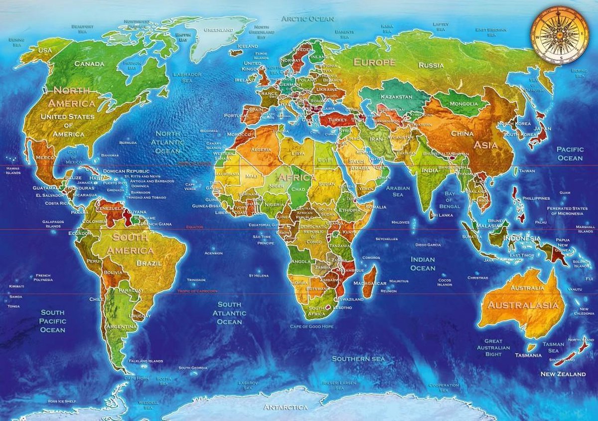 Politieke wereld kaart 1000 Blue Bird