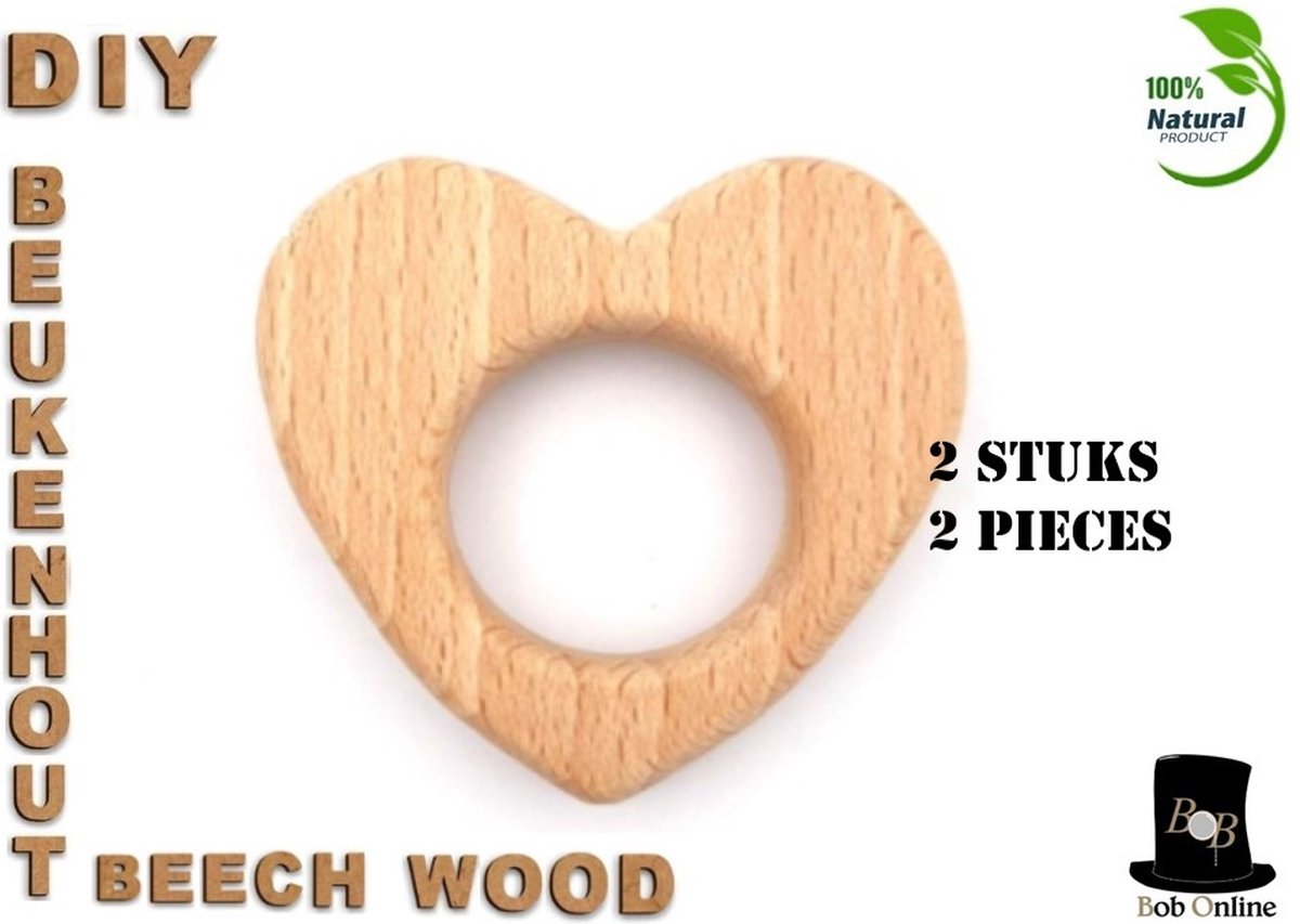 Bob Online ™ - 2 Stuks - Houten Hart Hobby Decoratie Object - Beukenhout DIY Hartjes - Natural Beechwood Heart Hobby Decoration Object – Wooden Hearts – Houten Hart
