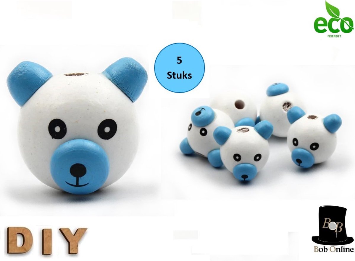 Bob Online ™ - Blauw 3D Beer Houten Kralen 3cm met 5mm  Gaatje – 5 Stuks - DIY Beer Houten Kralen - Beer Doe-het-zelf Houten Kralen - Houten Kralen Bal Beer 3D Cartoon - Blue Bear Face Wooden Bead - Bear DIY Beads - Beer Hobby Kralen