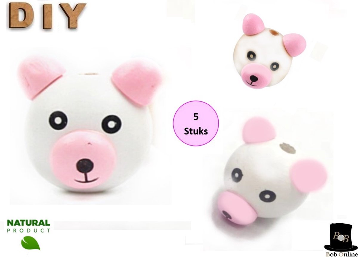 Bob Online ™ - Roze 3D Beer Houten Kralen 3cm met 5mm  Gaatje – 5 Stuks / DIY Beer Houten Kralen / Beer Doe-het-zelf Houten Kralen / Houten Kralen Bal Beer 3D Cartoon / Pink  Bear Face Wooden Bead / Bear DIY Beads / Beer Hobby Kralen