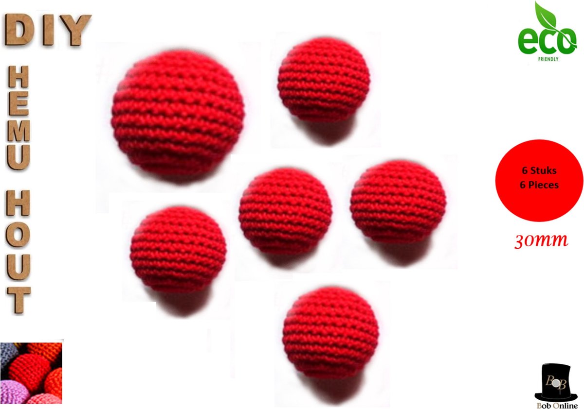 Bob Online ™ – 6 Stuks – Rood - 30mm Ronde Gehaakte Houten Kralen met ca. 7mm Gaatje – Houten Gehaakte Kralen - Rijgkralen - Kralen Rijgen - DIY Houten Gehaakte Kralen – 30mm Round Hemu Wood Crochet Beads – Crochet Beads
