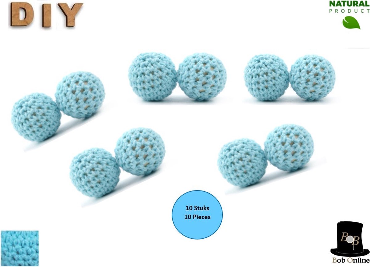 Bob Online ™ – Licht Blauw - Ronde Gehaakte DIY Houten Kralen 16mm met ca. 3-4mm gaatje - 10 Stuks -  Licht Blauw Gehaakte Kralen - Houten Kralen - Rijgkralen - Kralen Rijgen - Huisdecoraties enz. - 16mm Light Blue Crochet Beads