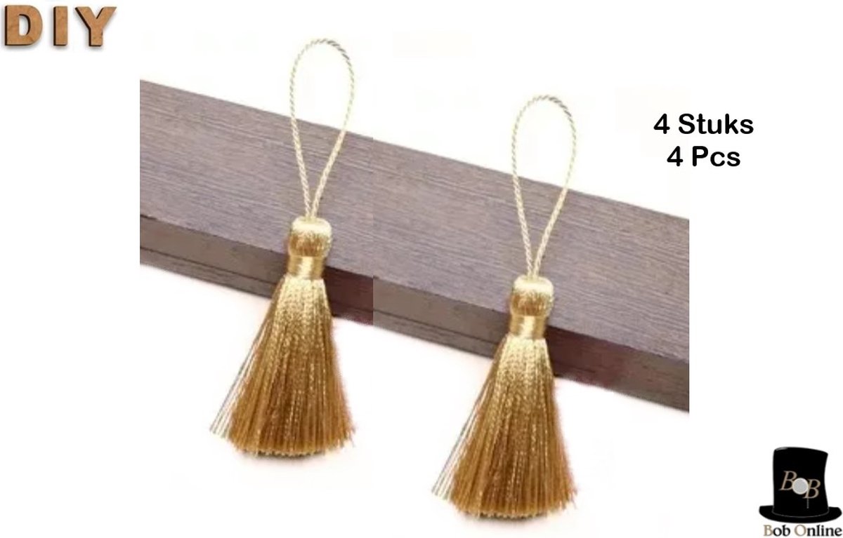Bob Online ™ - 4 Stuks – Korte Goud Tassels – Handgemaakte Zijde Mini Goud Kwastjes met Lus – Gouden Zijde Tassels (L) 5cm x (B) 0.8cm – Korte Gouden Zijde Tassels met Lus – 4 Pieces – Gold Silk 5 cm Tassels with Loop