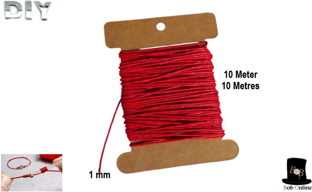 Bob Online™ - 10 Meter – Rood - 1 mm Katoenen Waxkoord – Rode Waxkoord – Sieraden Rode Waxkoord – Sieraden Waxkoord – 1mm Red Cotton Wax Cord – Sieraden maken van Waxkoord – Rood Gewaxt Koord