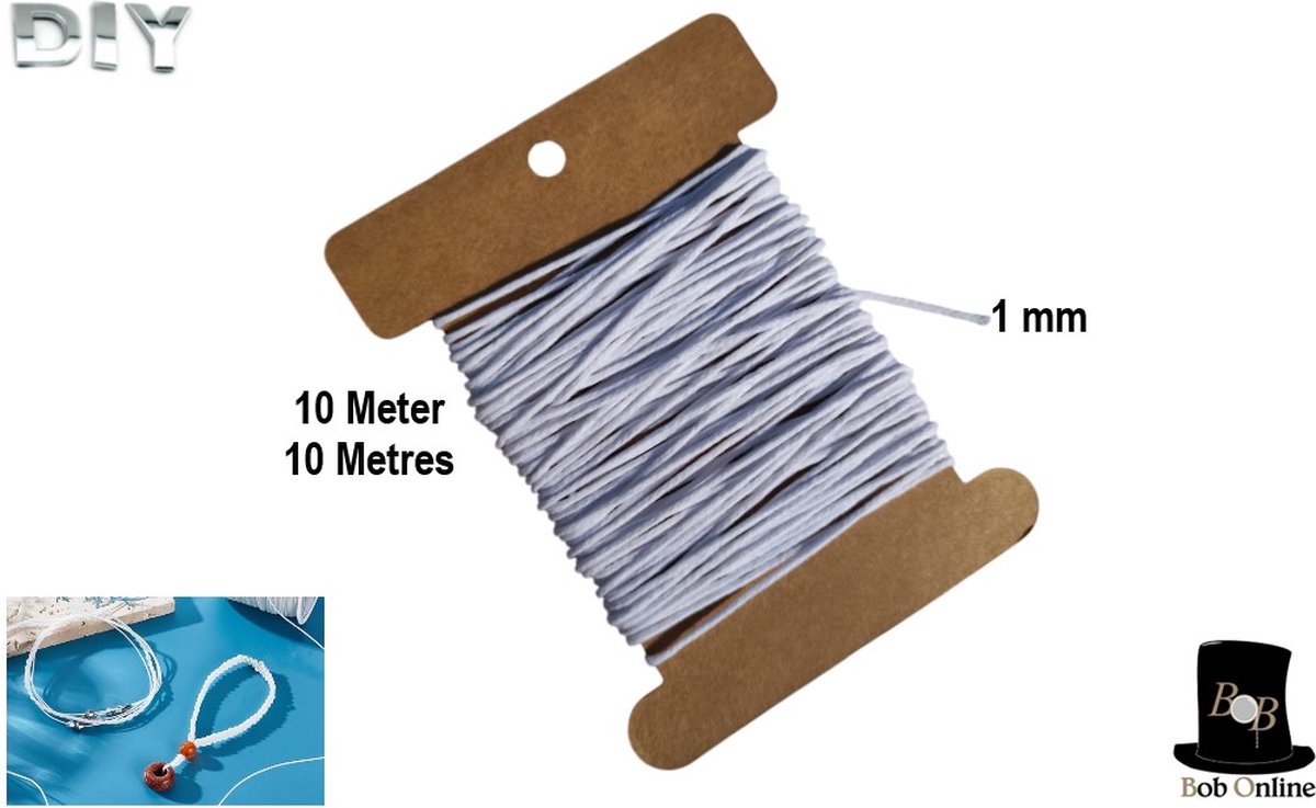 Bob Online™ - 10 Meter – Witte - 1 mm Katoenen Waxkoord – Witte Waxkoord – Sieraden Witte Waxkoord – Sieraden Waxkoord – 1mm White Cotton Wax Cord – Sieraden maken van Waxkoord – Wit Gewaxt Koord