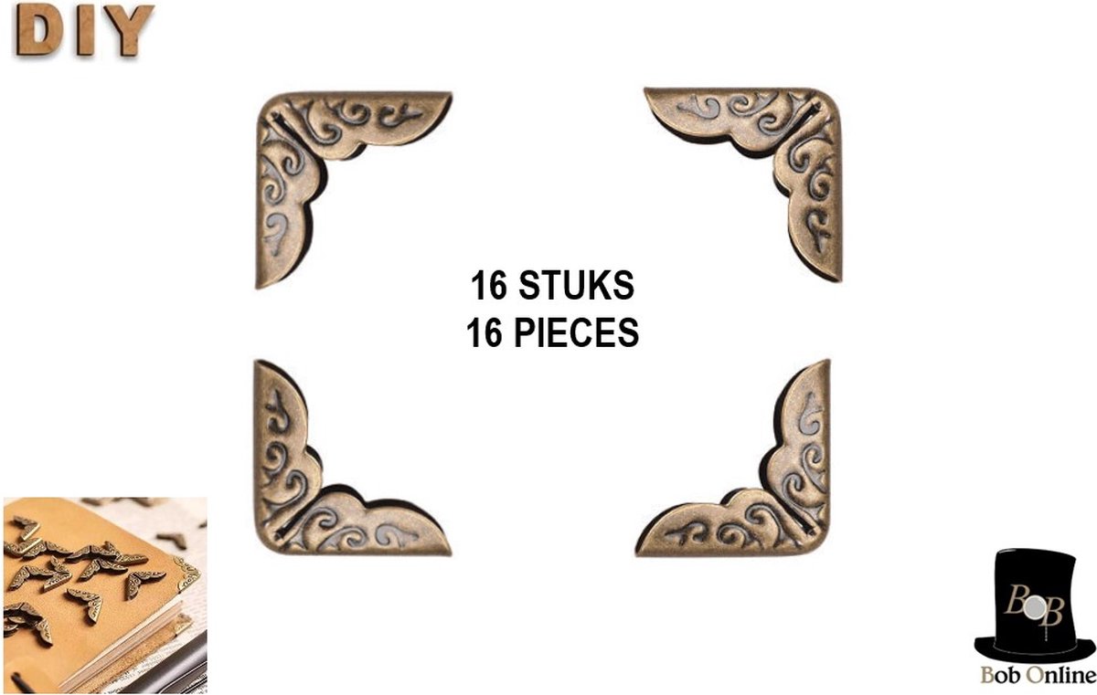 Bob Online™ - 16 Stuks – Bronzen Kleur – Gedetailleerde Metalen Hoekbeschermers voor Boeken – Voor 2mm Boekomslagen - 16 Pieces – Bronze Color – Detailed Metal Book Corner Protectors – For 2mm Book Covers