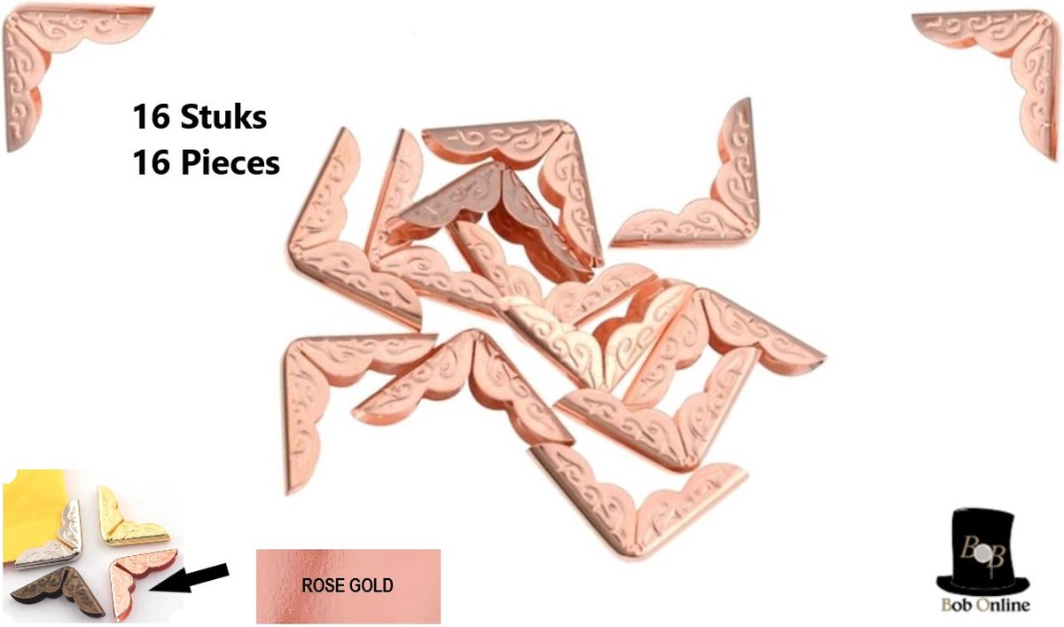 Bob Online™ - 16 Stuks – Roze Goud – Gedetailleerde Metalen Hoekbeschermers voor Boeken – Voor 2mm Boekomslagen - 16 Pieces – Rose Gold – Detailed Metal Book Corner Protectors – For 2mm Book Covers